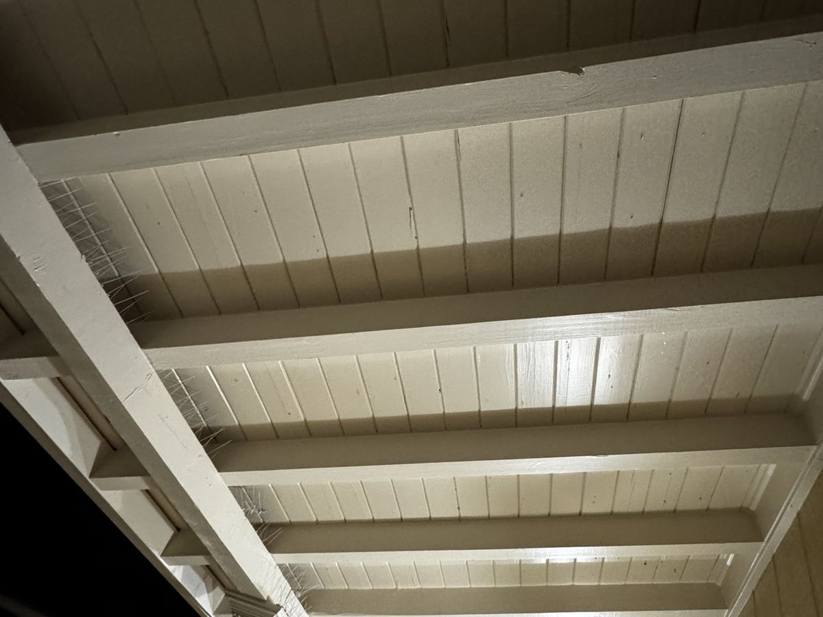 Finished plank ceiling with exposed beams